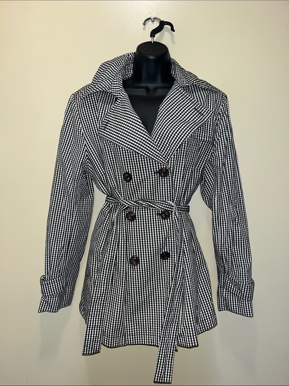 Larry Levine Black & White Gingham Double Breasted Lined Trench Coat Belted Sz L